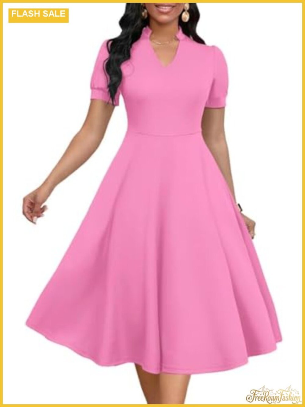 Women's Short Puff Sleeve V-Neck A-Line Dress Cocktail Party